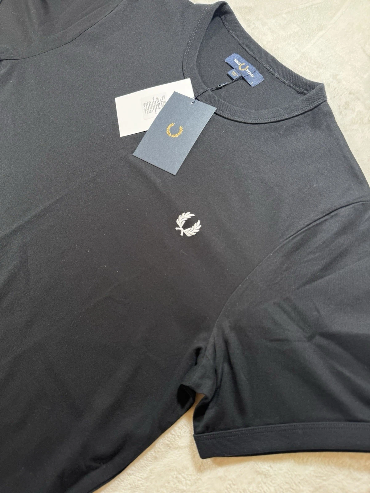 Fred Perry T-Shirt Mens L Black Cotton Ringer Trim Short Sleeve Embroidered Logo