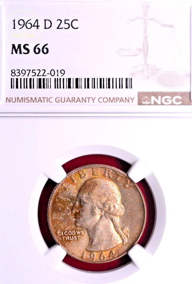 NGC MS-66 RAINBOW TONING! 1964-D WASHINGTON QUARTER - Image 2 of 3