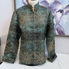 Coldwater Creek Women's M Green Metallic Tapestry Full Zip Tunic Jacket Blazer