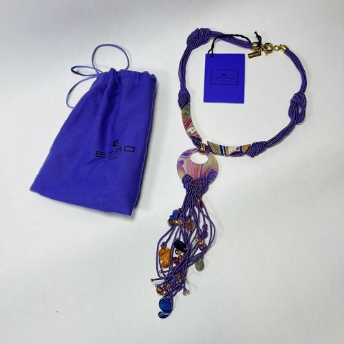 ETRO Italia Púrpura Paisley Seda Cubierto Cuentas Declaración Pieza Collar Cuentas NUEVO - Imagen 4 de 9