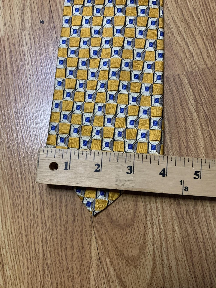 Ermenegildo Zegna Tie Mens Silk Yellow Blue Geometric Pattern Necktie Jacquard - Image 2 of 4