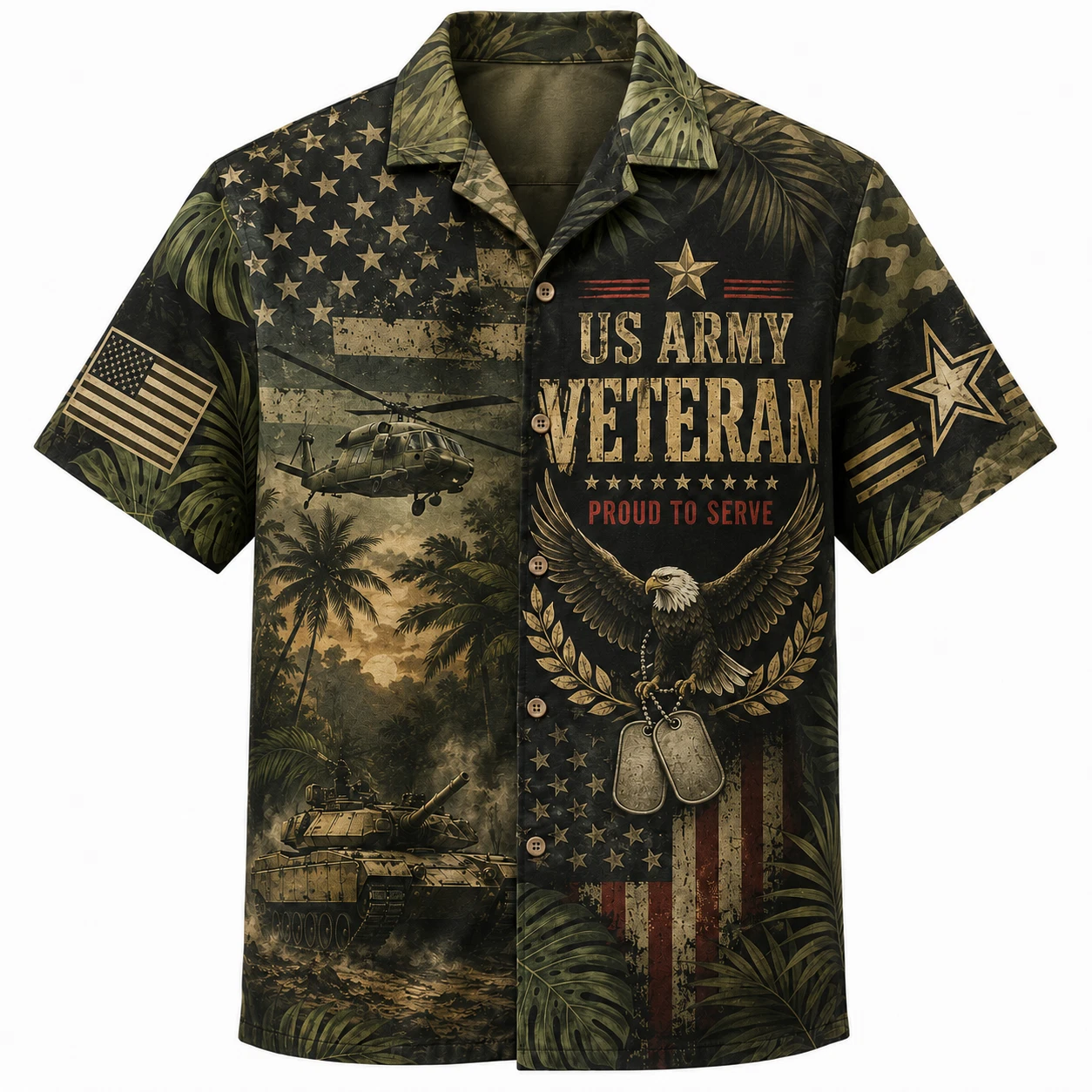 US Army Veteran Hawaiian Shirt Button Down Proud To Serve Eagle Military Apparel