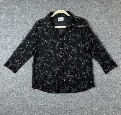 Fashion Bug Womens Blouse Black Sz S Sheer Button-Up Shirt Floral Design Vintage