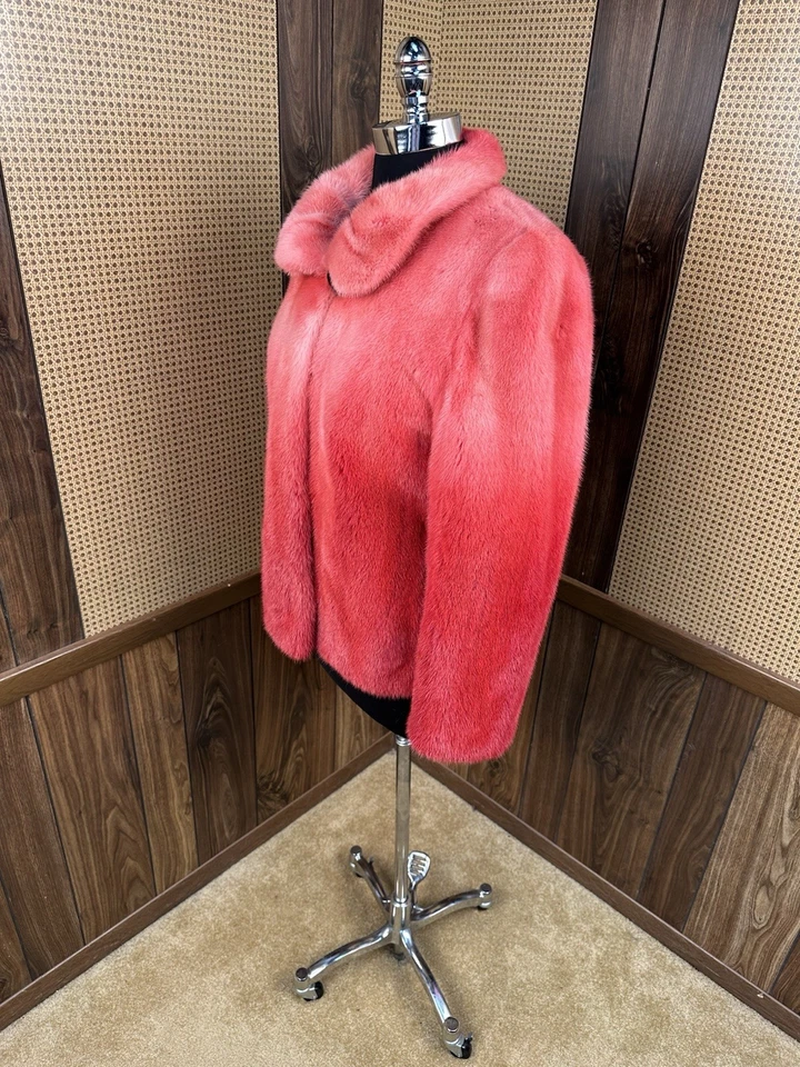 DAMSELLE DESIGNER DYED RED & PINK OMBRÉ DEGRADE MINK FUR COAT JACKET SIZE SMALL - Image 4 of 4