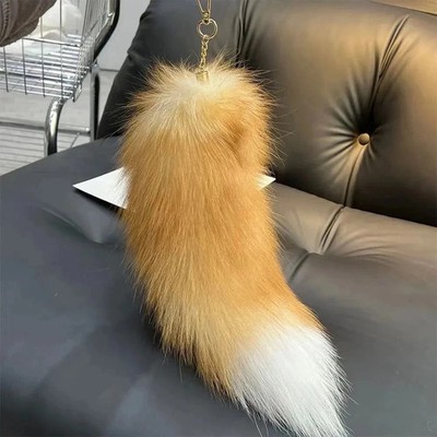 Long Real Silver Blue Fox Fur Tail Real Fox Fur Keychain Cosplay Toys**