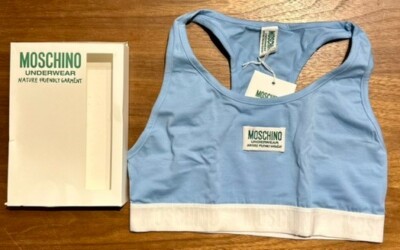 Moschino Luxus Sport BH Blau Größe Large Naturfreundlich Logo Top UVP 90£ Neu mit Etikett