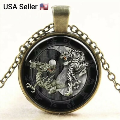 New fashion Necklace  Style Tai Chi dragon tiger Yin Yang retro glass pendant