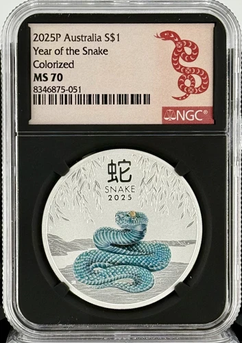 2025 Australia Lunar Snake Colorized 1 oz Silver Coin NGC MS 70 Black Core