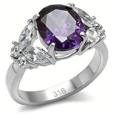 Women's Oval Cut Butterfly Stainless Steel Created Amethyst & CZ Purple Ring