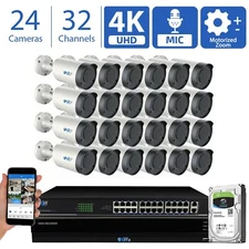 32CH NVR (24) 4K 5X Motorized Zoom Mic POE AI Bullet Security Camera System 8TB
