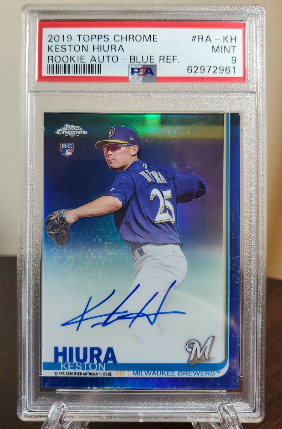 2019 Topps Chrome Rookie Auto #RA-KH Keston Hiura Blue Refractor /150 RC PSA 9