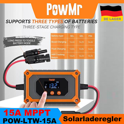 PowMr 15A MPPT Solarladeregler 12V/24V Mit LCD Solar Panel Controller Regulator