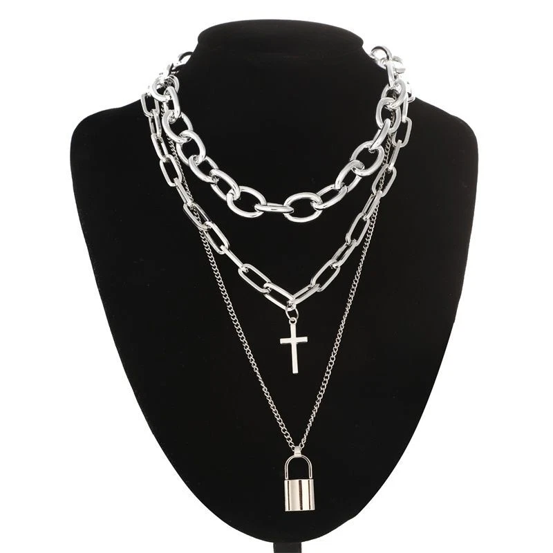 Layered Grunge Aesthetic Jewelry Punk Chain Necklace Lock Cross Pendant Choker