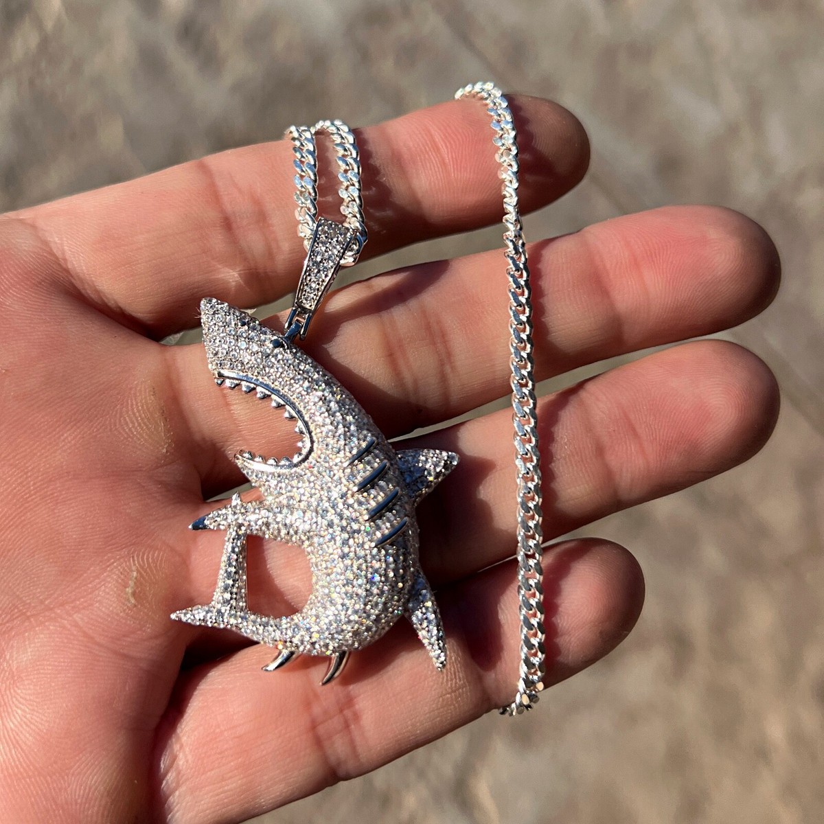 925 Sterling Silver Shark CZ Pendant Miami Cuban Link Chain Necklace 3MM 24