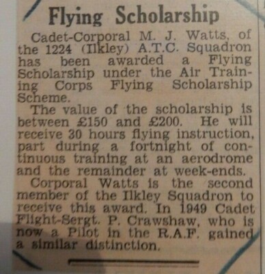ILKLEY PRESS SCHNEIDEN 1951 M J WATT FLYING STIPENDIUM ATC RAF AIR PILOT  
