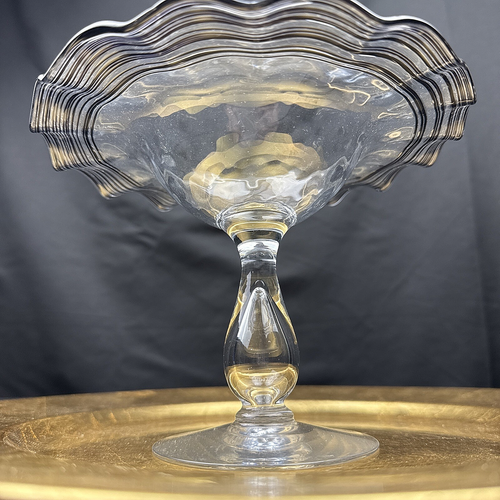 FRY ART GLASS COMPOTE WITH BLACK THREADED RIM AND BUBBLE IN STEM - Picture 2 of 10