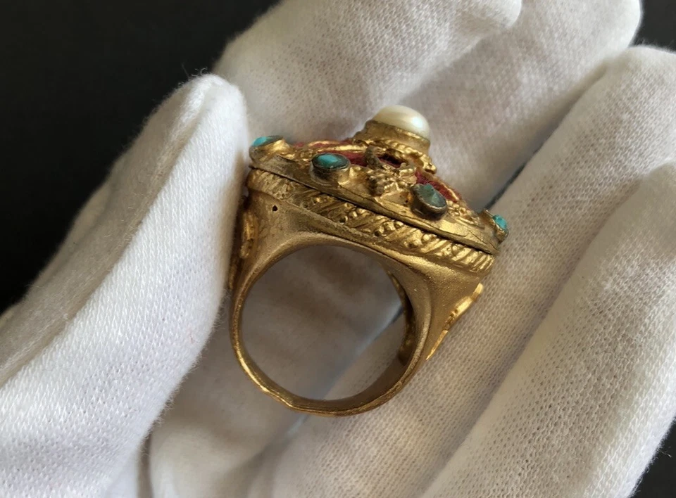 Ancient jewelry inspired 24K Gold Plated Brass Ring, Pearl, Turquoise Stone Sz 8 - Image 2 of 4
