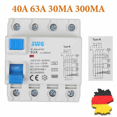 FI Fehlerstromschutzschalter RCD Typ B Wallbox E-Auto Allstromsensitiv 40A 63A