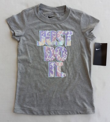 NIKE Girls “Just Do It” Gray Short Sleeve T-Shirt Size Animal Print