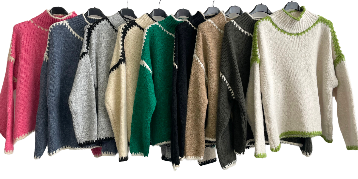 Ladies Italian Soft Knit Cosy Wool Blend High Neck Blanket Stitch Jumper