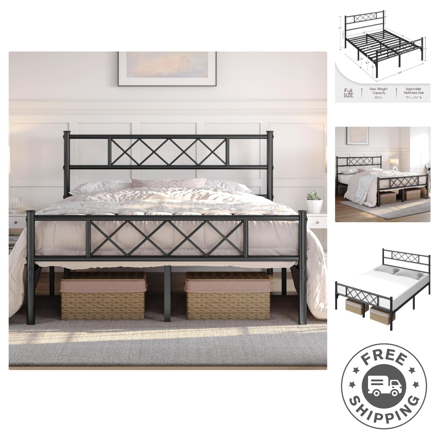 Elegant Full Metal Platform Bed with Squeak Resistant Design