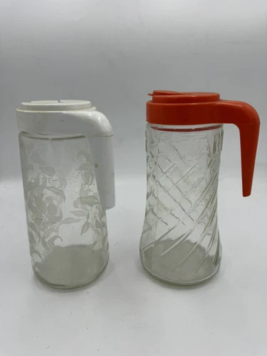 Vintage TANG Juice Pitchers Anchor Hocking White Orange Etched set