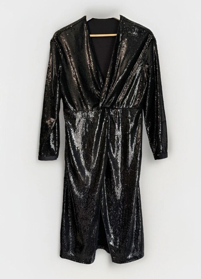 Vestido Anthropologie Lentejuelas Frente Torcido Talla 8 Negro Glamour Cóctel Vacaciones Foto 3 de 4