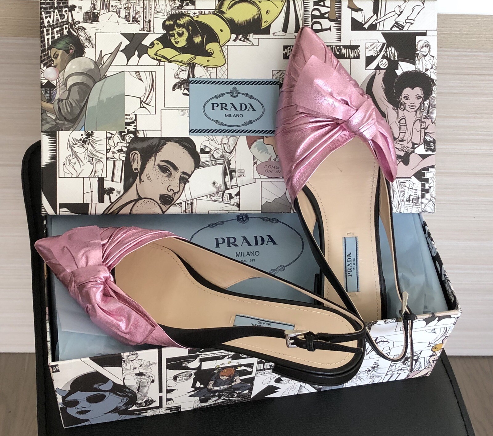 Prada Draped Bow Metallic Pink Slingback Flat Women's 37.5 Prada Draped Bow Metallic Pink Slingback Flat Women's 37.5