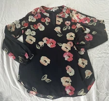 CABI Women's Floral Print POPPY Blouse Long Sleeve/Lined Navy Sz MEDIUM