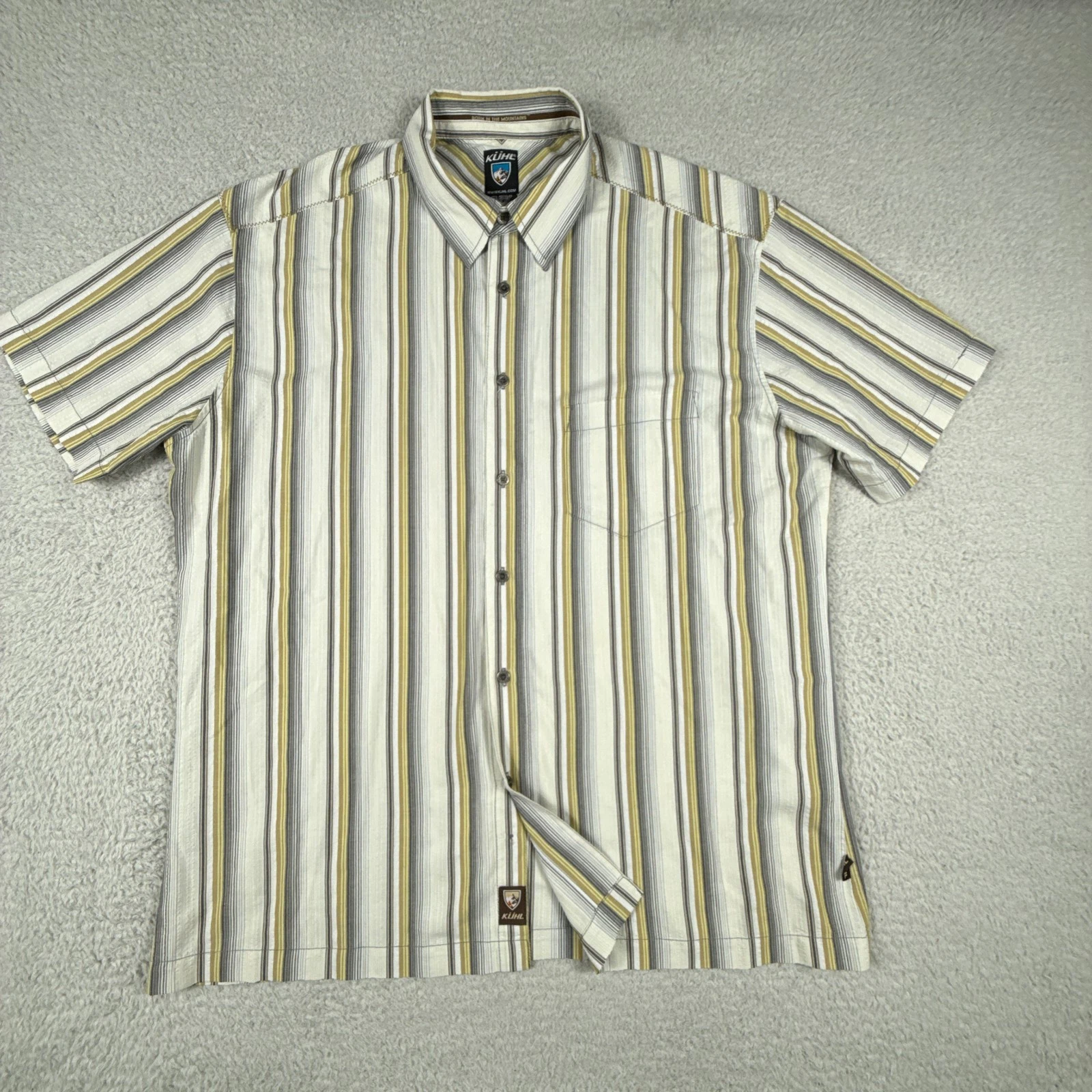 KUHL Shirt Mens XL Ecru Striped Short Sleeve Button Hiking Fishing Utility Work