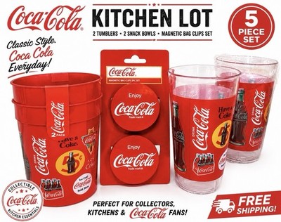 Coca-Cola Kitchen Lot   2 Tumblers, 2 Snack Bowls & Magnetic Bag Clips Set NEW