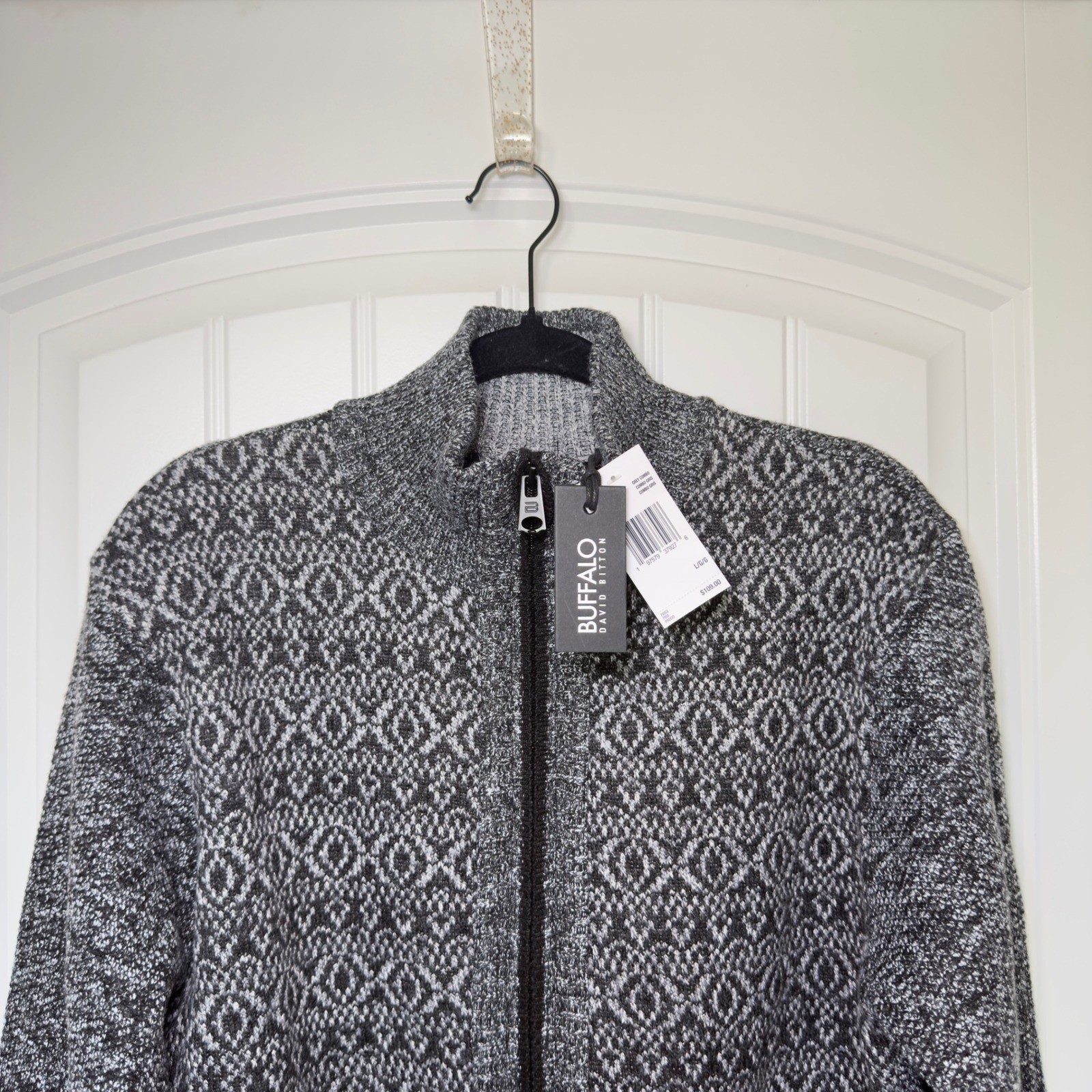 Buffalo David Bitton Large Winlow Relaxed Full Zip Jacquard Knit Sweater Grey
