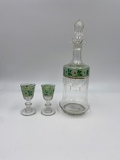 Vintage ręcznie malowana karafka ze szkła dmuchanego i mały zestaw szklanek kordialnych