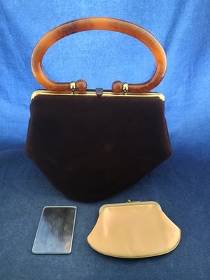 M & M Morris Moskowitz Purse Dark Brown Lucite Handle Coin Mirror VINTAGE 1960s