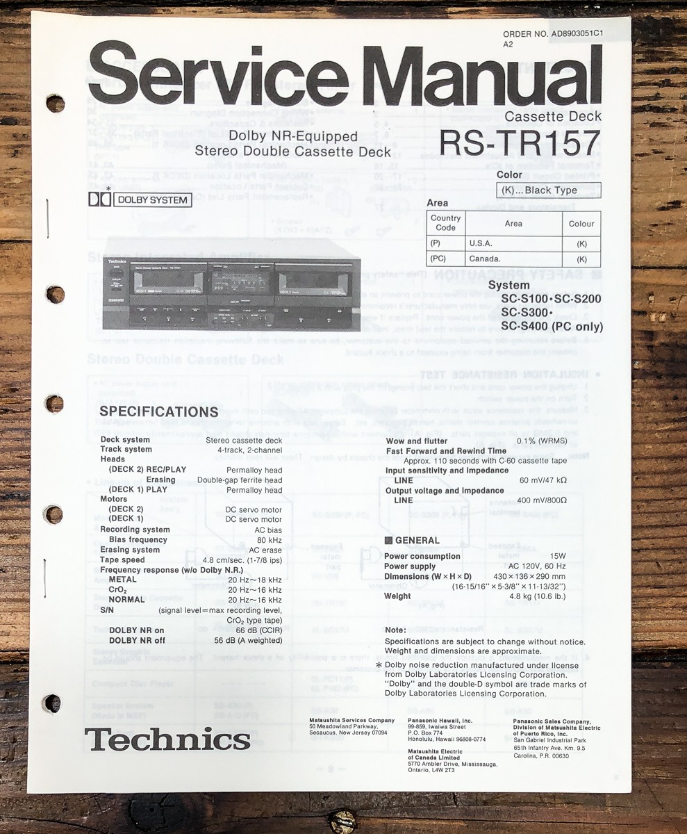 Technics RS-TR157 Cassette Service Manual *Original*