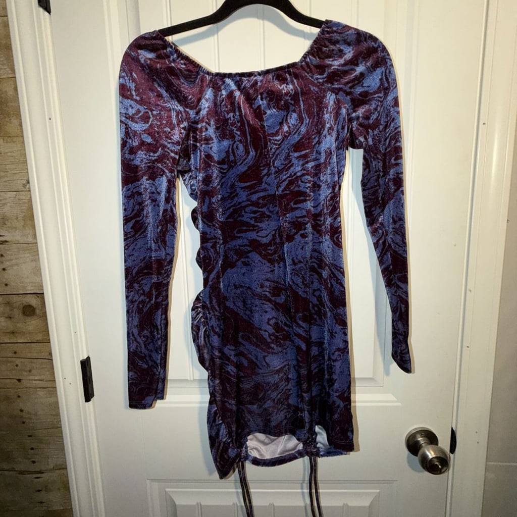 Wild Fable Women's Long Sleeve Marble Print Velvet Ruched Bodycon Mini Dress, photo 6