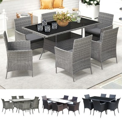Seater Rattan Dining Set with Cushions Glass Top Table, Garden Furniture  Set