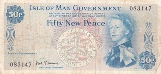 #Isle of Man Government 50 New Pence 1971 P 27 AF Qn. Elizabeth II