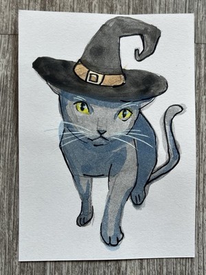 ACEO Original Art Card, Halloween Pumpkin Black Cat  , Paint Marker, 3.5 x 2.5  