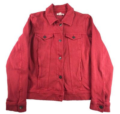 Coldwater Creek Red Denim Jacket Womens Medium Stretch Button Front Trucker