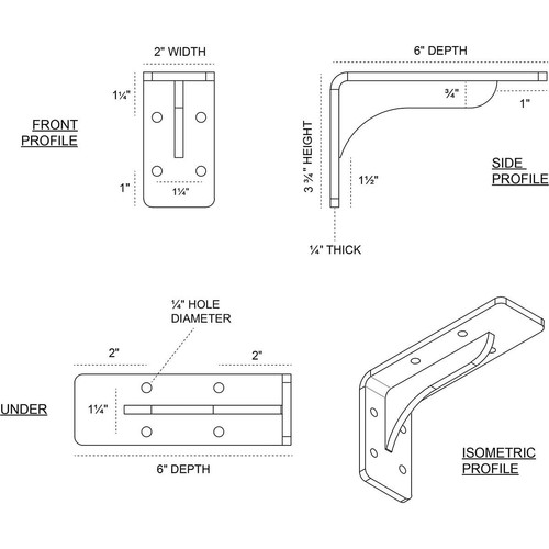 BKTM02X06X03EBPBL Steel Bracket Embrey 2"WX6"DX3 3/4"H Powder Coated Black - Picture 2 of 11
