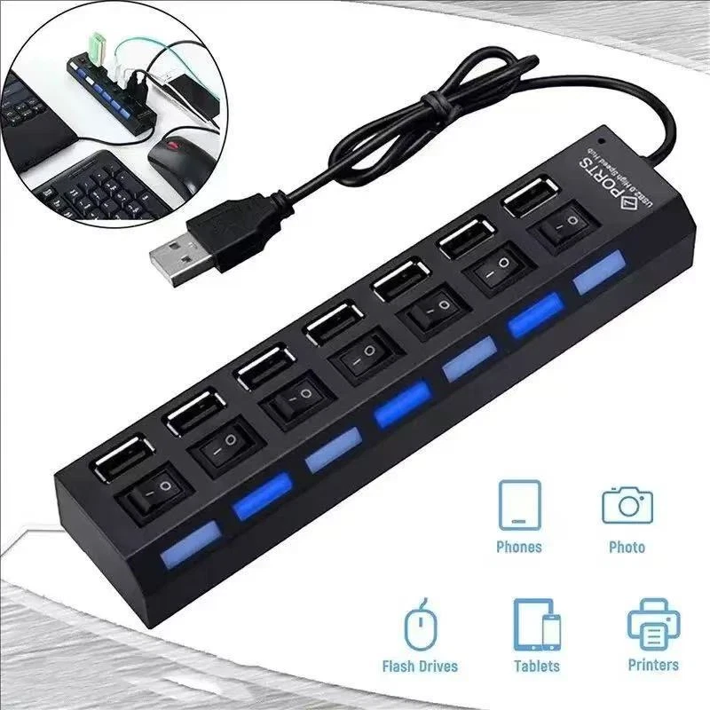 7-Port USB Hub with On/Off Switches, High-Speed Data Transfer, AC Adapter for PC Laptop