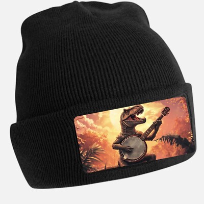 Black Cool T-Rex Banjo Beanie Hat - Unisex Cap, Cotton