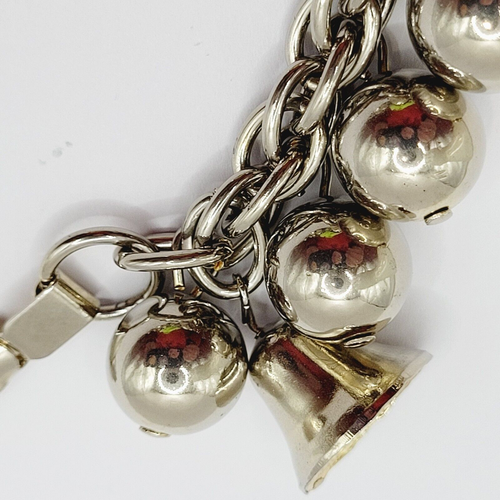 Cha Cha baumelnde runde Kugel und Glocke Top Charms klobig silberfarben Vintage Armband - Bild 14 von 24