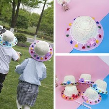 Children Kids Summer Straw Hat Sunhat Flower Visor Tassels Beach Foldable