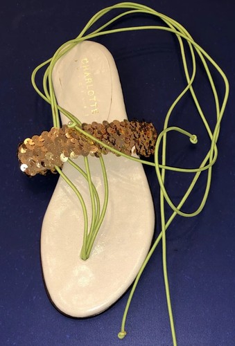 NEW Designer CHARLOTTE SOLNICKI Lace-Up Gladiator Sandals Sz 37 US 7 Gold Sequin - 第 10/12 張圖片