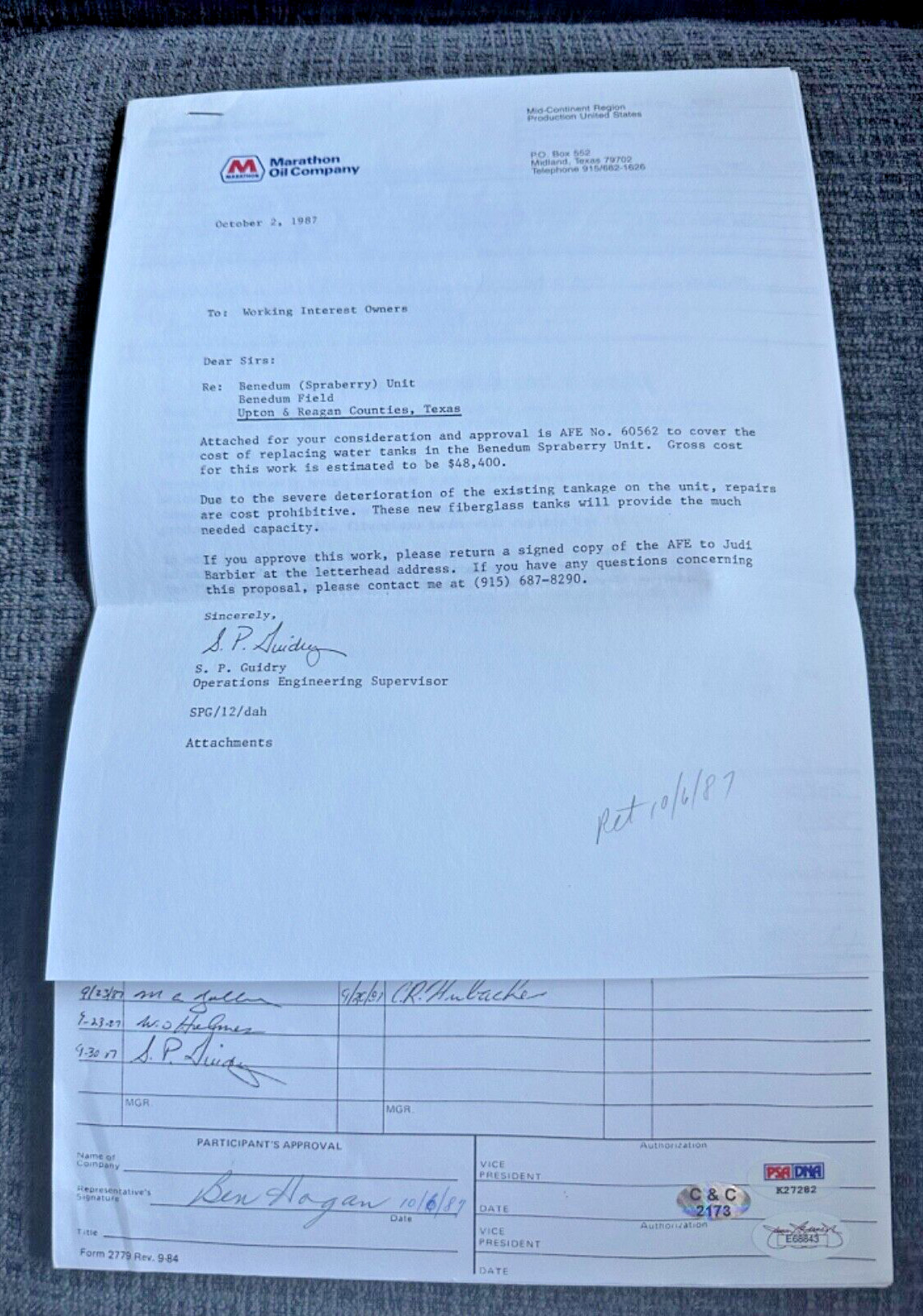 Ben Hogan- Signed AUTO MARATHON OIL Contract 1987 JSA & PSA/DNA COA SUPER RARE