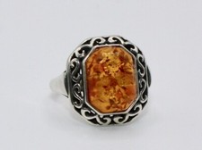 Vintage Unisex Sterling silver 925 Art Deco Filigree Amber ring size 6.5