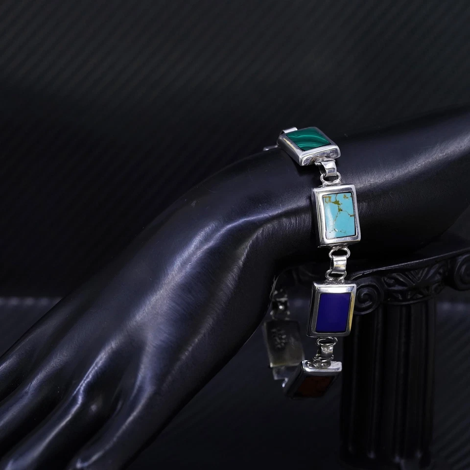 Pulsera rectangular 8”, plata esterlina 925 mexicana malaquita jaspe ónix Foto 4 de 4