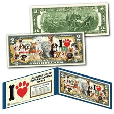 DOGS I Love Dogs Genuine Legal Tender U.S. $2 Bill Featuring 16 Different Breeds